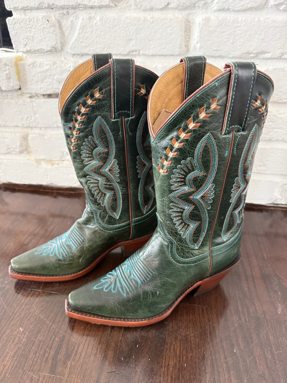 Justin Boots Dark Green Western Boots with Turquoise and Brown  Stitching 6.5 - Picture 4 of 13